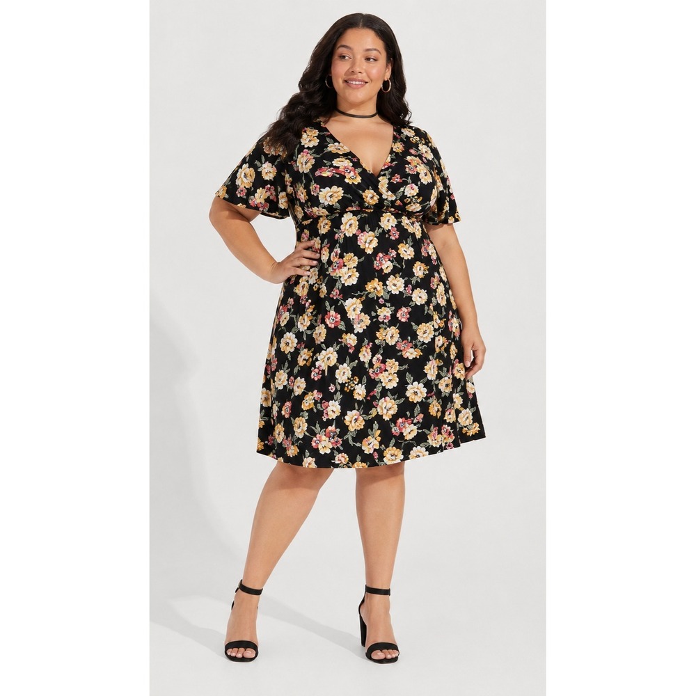 Torrid Floral Faux Wrap Challis Dress Flutter Sleeve Plus Size 1 1X Black Yellow - Picture 1 of 14